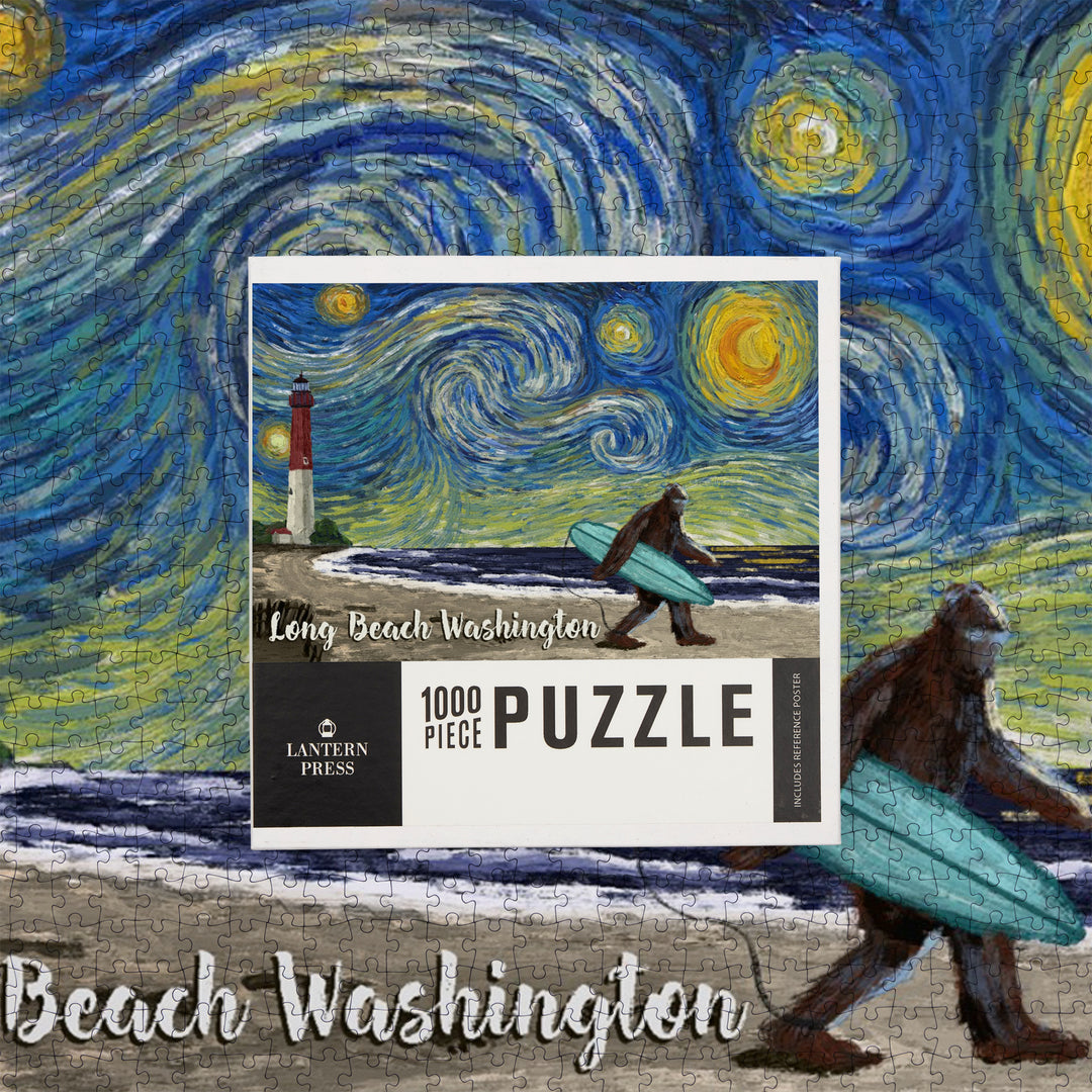 Long Beach, Washington, Starry Night, Bigfoot on the Beach, Jigsaw Puzzle Puzzle Lantern Press 