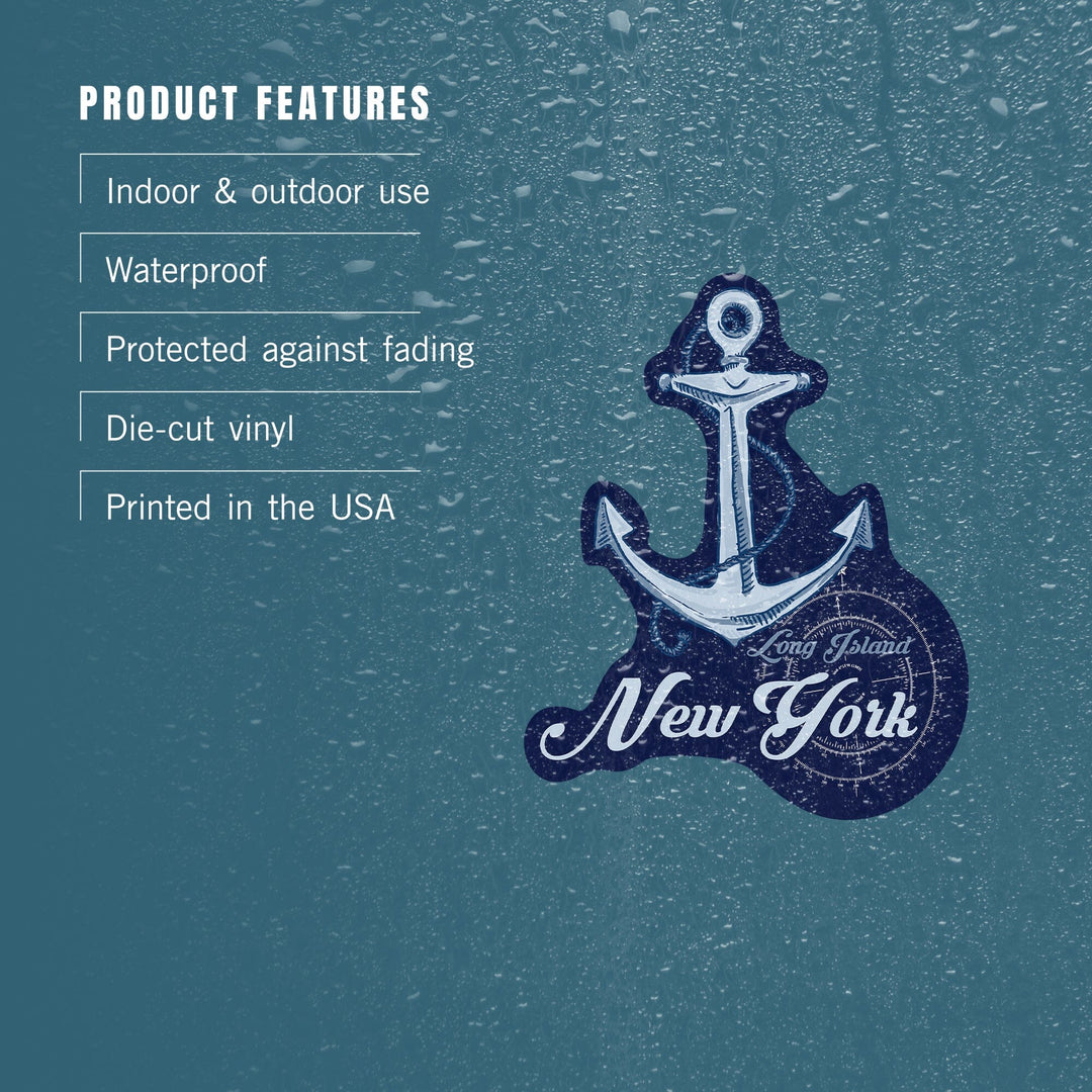 Long Island, New York, Anchor, Coastal Icon, Contour, Vinyl Sticker - Lantern Press