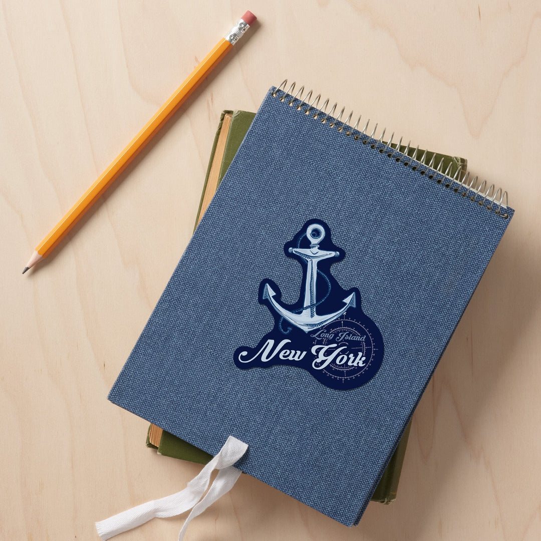 Long Island, New York, Anchor, Coastal Icon, Contour, Vinyl Sticker - Lantern Press