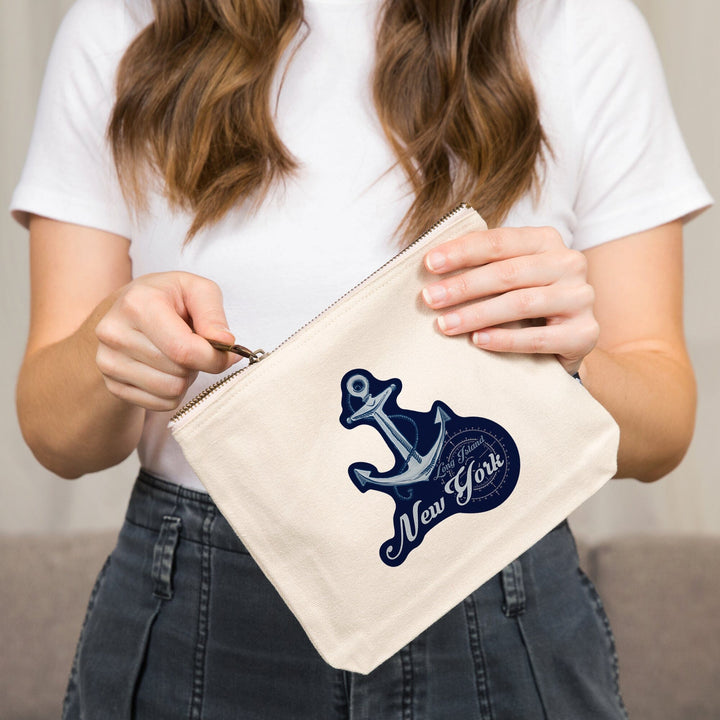 Long Island, New York, Anchor, Coastal Icon,, Organic Cotton Zipper Pouch, Go Bag Go Bag Lantern Press 