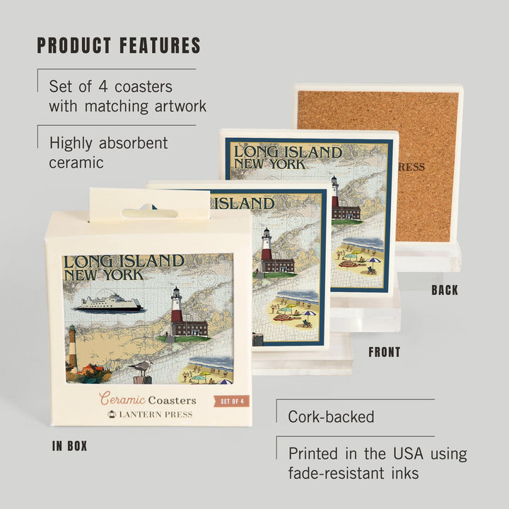 Long Island, New York, Nautical Chart, Lantern Press Artwork, Coaster Set - Lantern Press