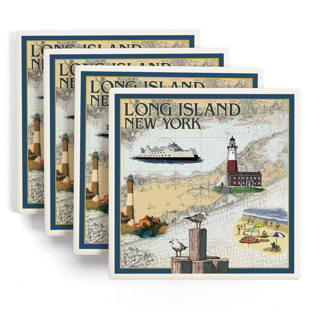 Long Island, New York, Nautical Chart, Lantern Press Artwork, Coaster Set - Lantern Press