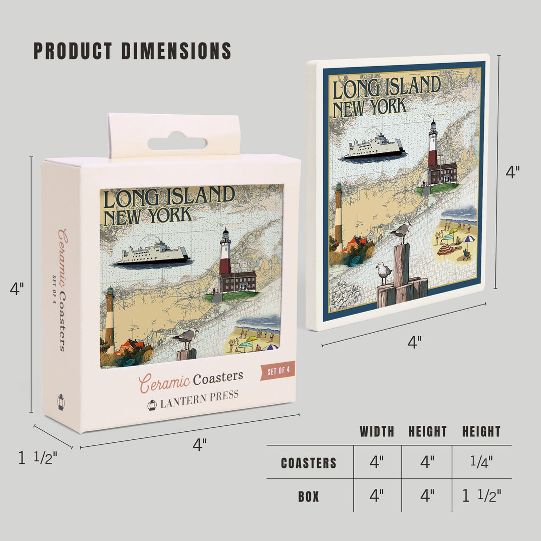 Long Island, New York, Nautical Chart, Lantern Press Artwork, Coaster Set - Lantern Press