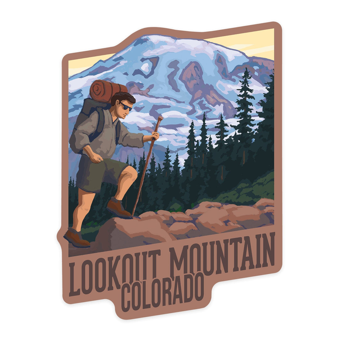 Lookout Mountain, Colorado, Hiker Scene, Contour, Vinyl Sticker - Lantern Press