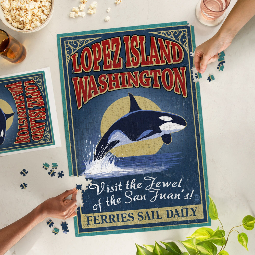 Lopez Island, WA, Orca Whale Vintage Sign, Jigsaw Puzzle Puzzle Lantern Press 