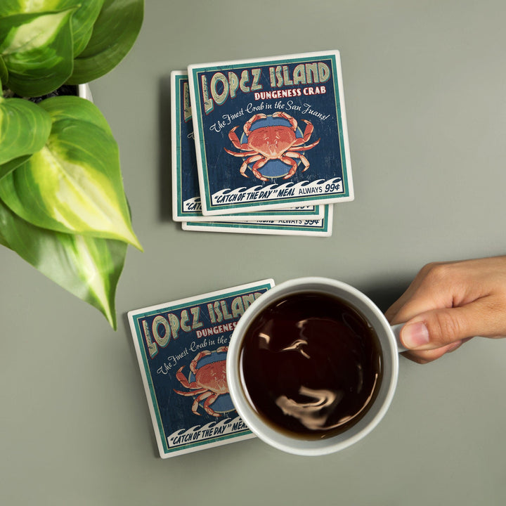 Lopez Island, Washington, Dungeness Crab Vintage Sign, Lantern Press Poster, Coaster Set - Lantern Press