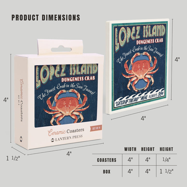 Lopez Island, Washington, Dungeness Crab Vintage Sign, Lantern Press Poster, Coaster Set - Lantern Press