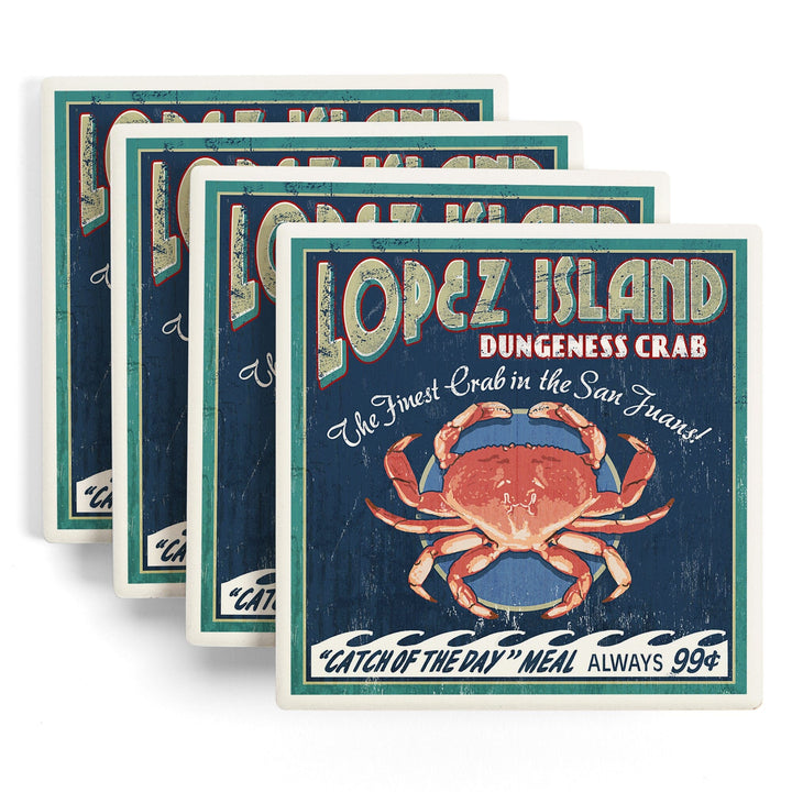 Lopez Island, Washington, Dungeness Crab Vintage Sign, Lantern Press Poster, Coaster Set - Lantern Press