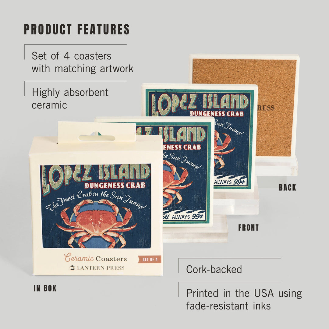 Lopez Island, Washington, Dungeness Crab Vintage Sign, Lantern Press Poster, Coaster Set - Lantern Press