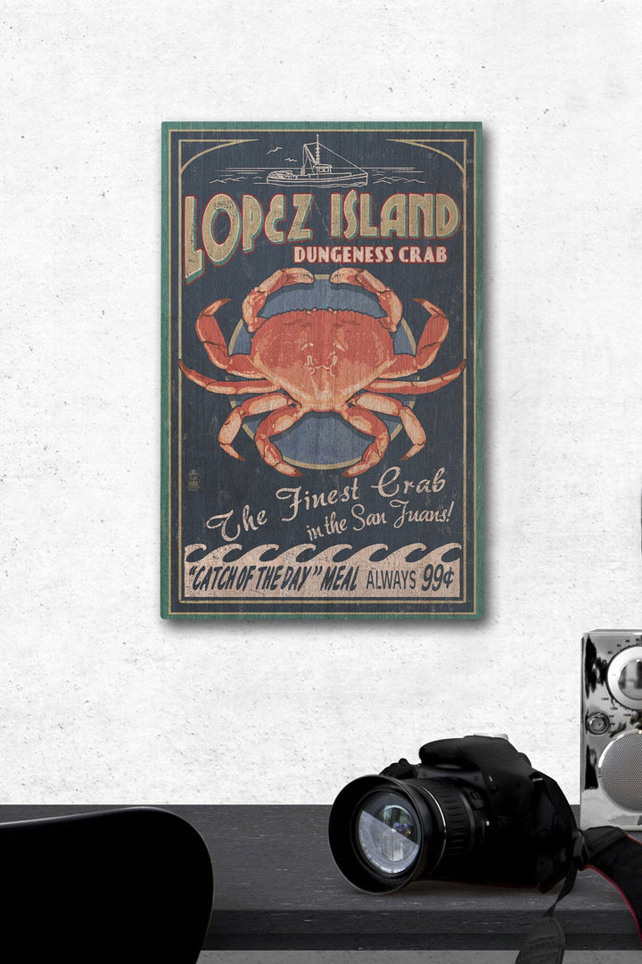 Lopez Island, Washington, Dungeness Crab Vintage Sign, Lantern Press Poster, Wood Signs and Postcards Wood Lantern Press 12 x 18 Wood Gallery Print 