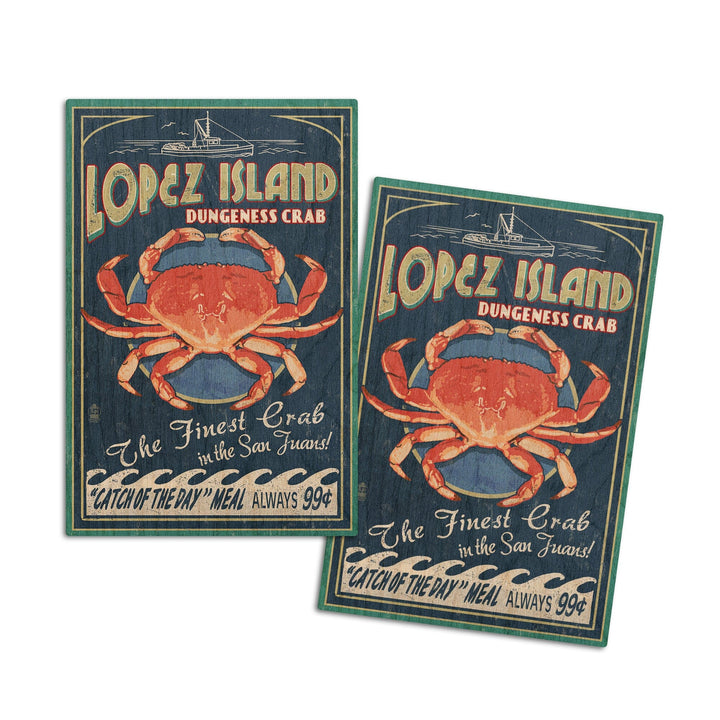 Lopez Island, Washington, Dungeness Crab Vintage Sign, Lantern Press Poster, Wood Signs and Postcards Wood Lantern Press 4x6 Wood Postcard Set 