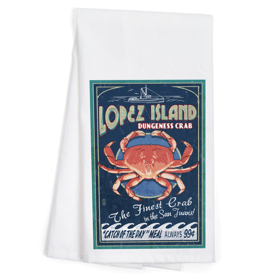 Lopez Island, Washington, Dungeness Crab Vintage Sign, Organic Cotton Kitchen Tea Towels Kitchen Lantern Press 