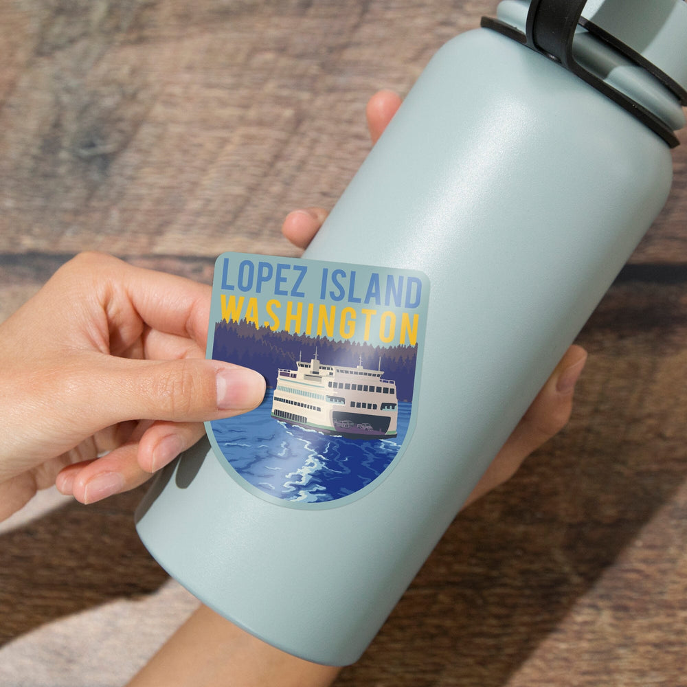 Lopez Island, Washington, Ferry and Mountains, Contour, Vinyl Sticker - Lantern Press