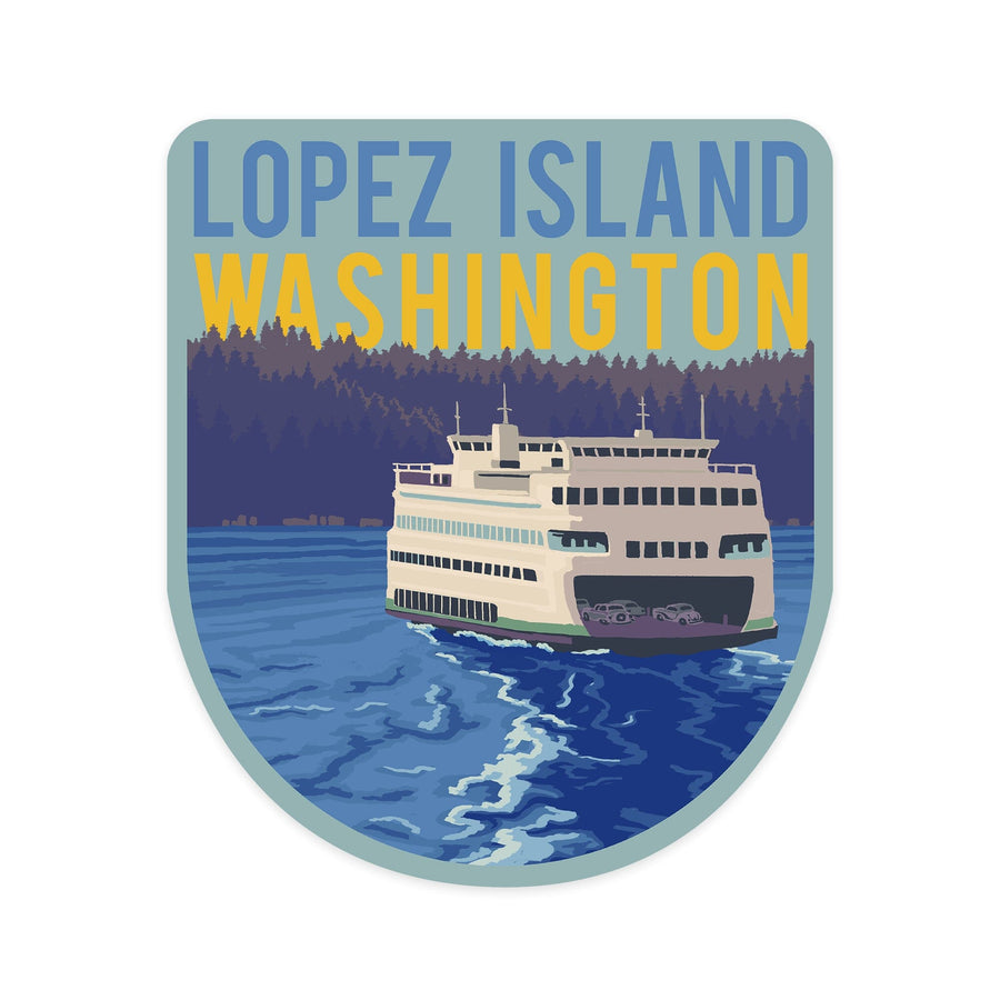 Lopez Island, Washington, Ferry and Mountains, Contour, Vinyl Sticker - Lantern Press