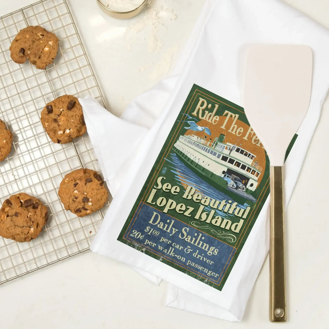 Lopez Island, Washington, Ferry Ride Vintage Sign, Organic Cotton Kitchen Tea Towels Kitchen Lantern Press 