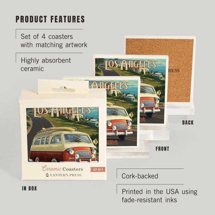 Los Angeles, California, Camper Van, Lantern Press Artwork, Coaster Set - Lantern Press