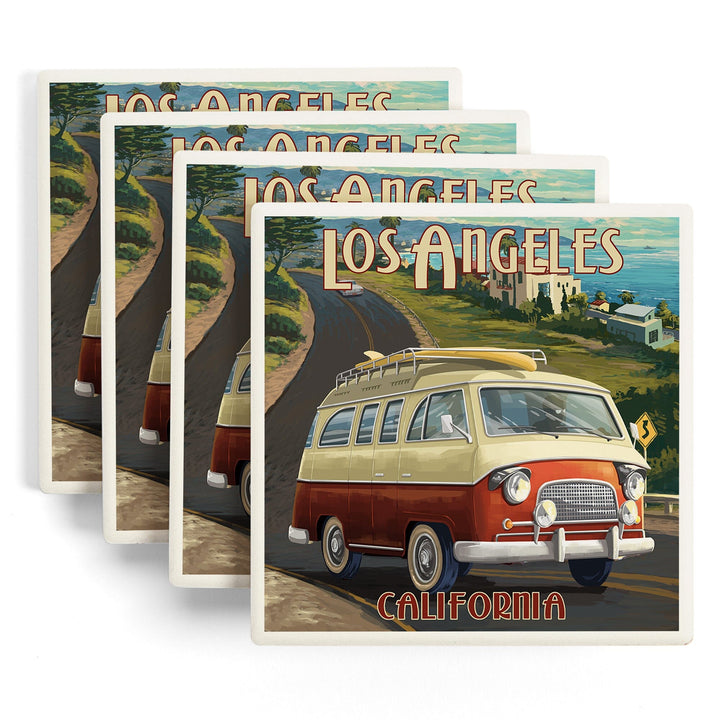 Los Angeles, California, Camper Van, Lantern Press Artwork, Coaster Set - Lantern Press