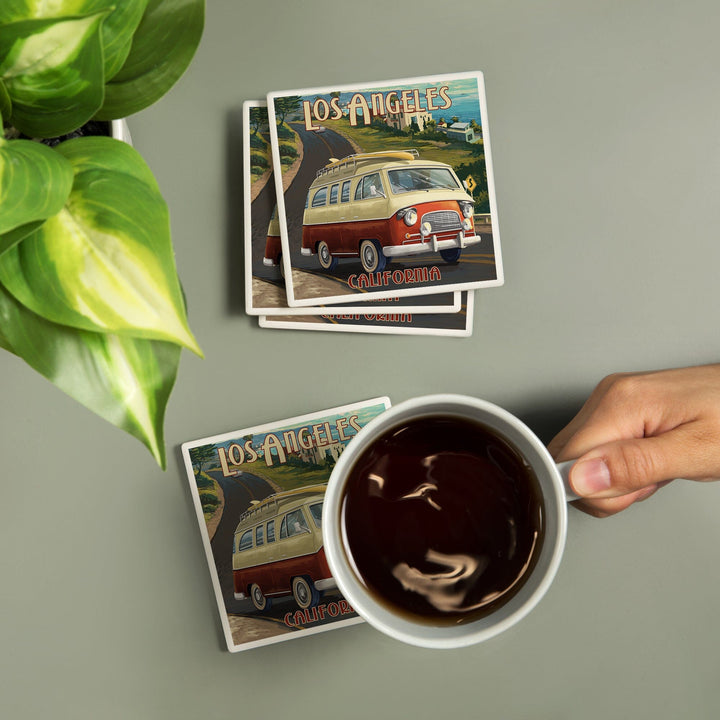 Los Angeles, California, Camper Van, Lantern Press Artwork, Coaster Set - Lantern Press