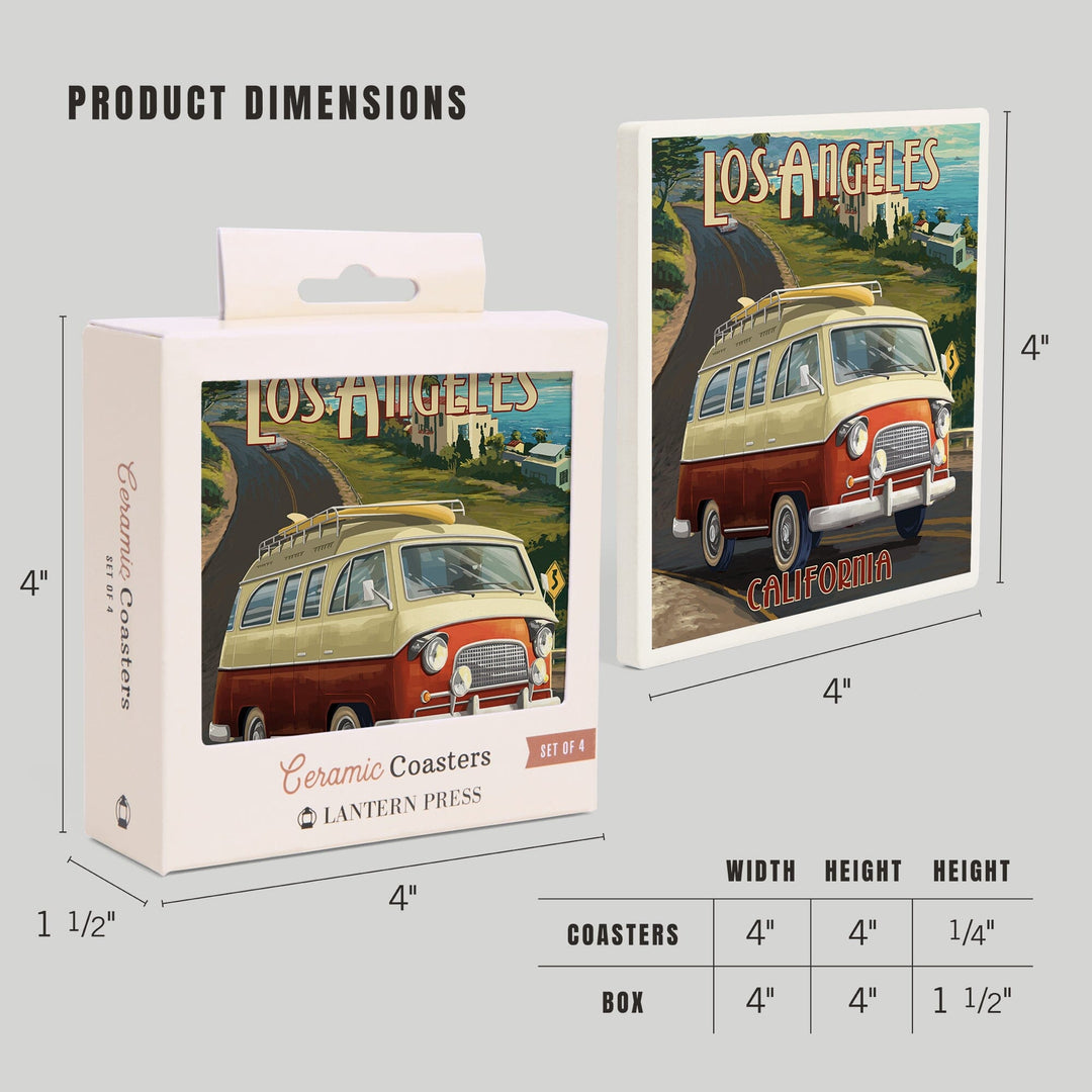 Los Angeles, California, Camper Van, Lantern Press Artwork, Coaster Set - Lantern Press