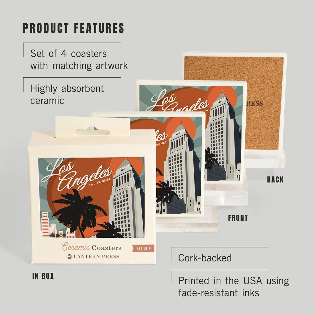 Los Angeles, California, City Hall, Lantern Press Artwork, Coaster Set - Lantern Press