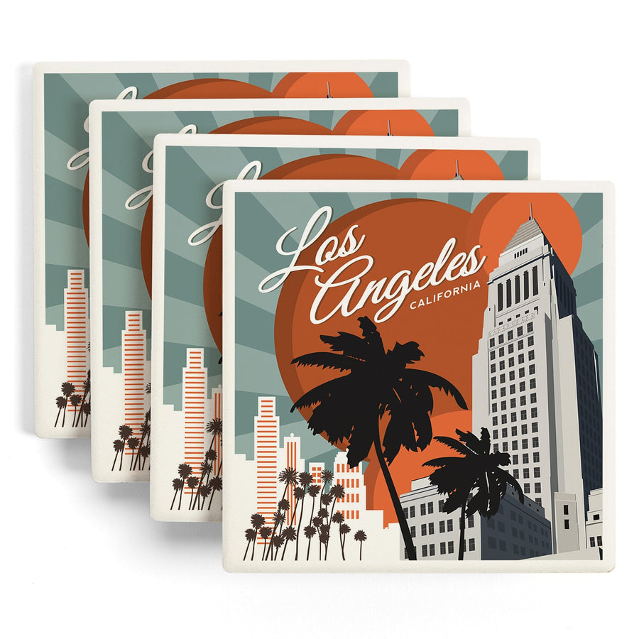 Los Angeles, California, City Hall, Lantern Press Artwork, Coaster Set - Lantern Press