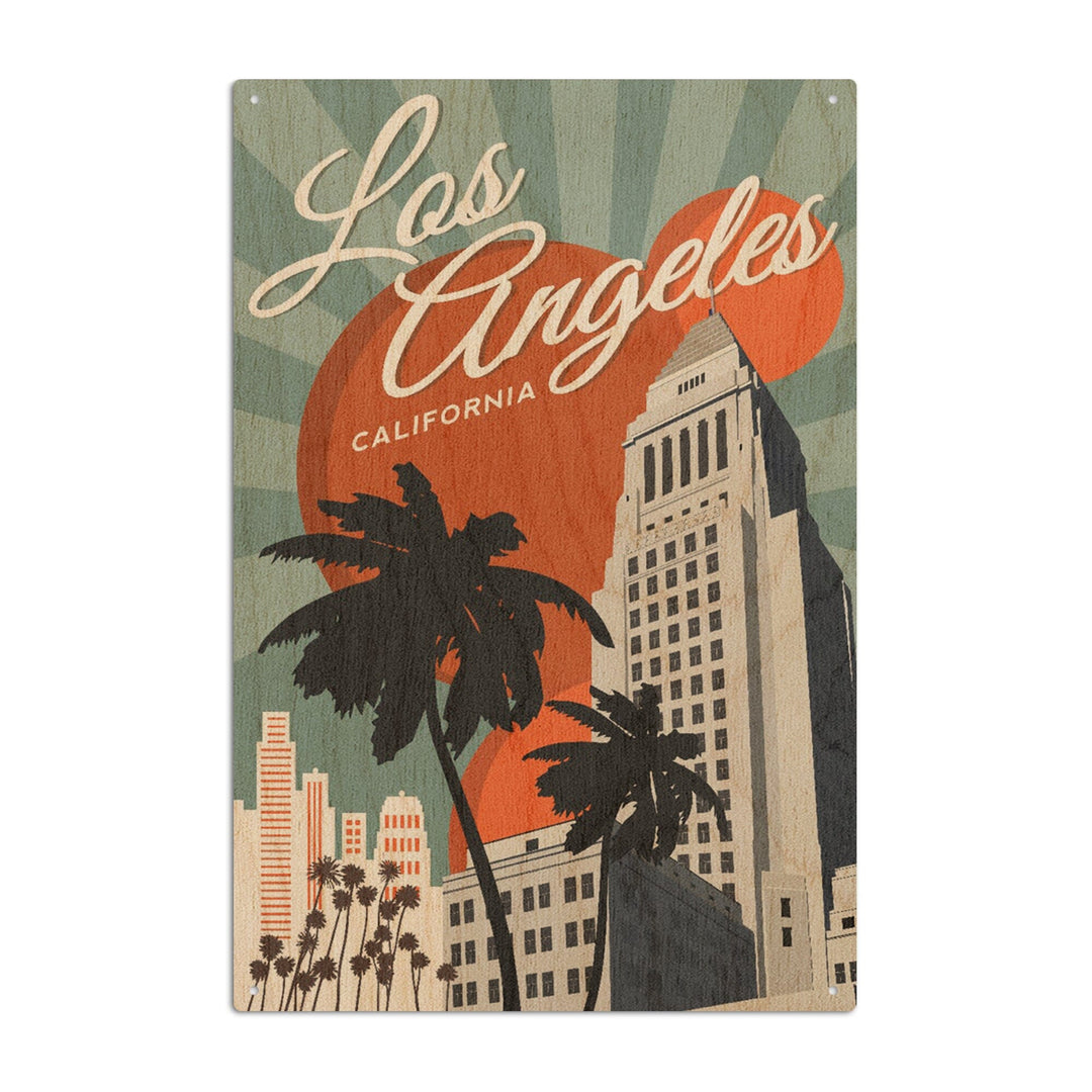 Los Angeles, California, City Hall, Lantern Press Artwork, Wood Signs and Postcards Wood Lantern Press 10 x 15 Wood Sign 