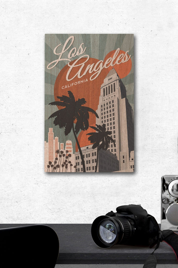 Los Angeles, California, City Hall, Lantern Press Artwork, Wood Signs and Postcards Wood Lantern Press 12 x 18 Wood Gallery Print 