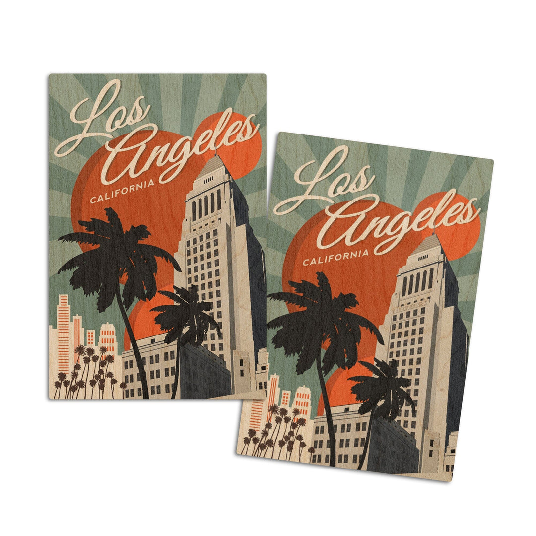Los Angeles, California, City Hall, Lantern Press Artwork, Wood Signs and Postcards Wood Lantern Press 4x6 Wood Postcard Set 