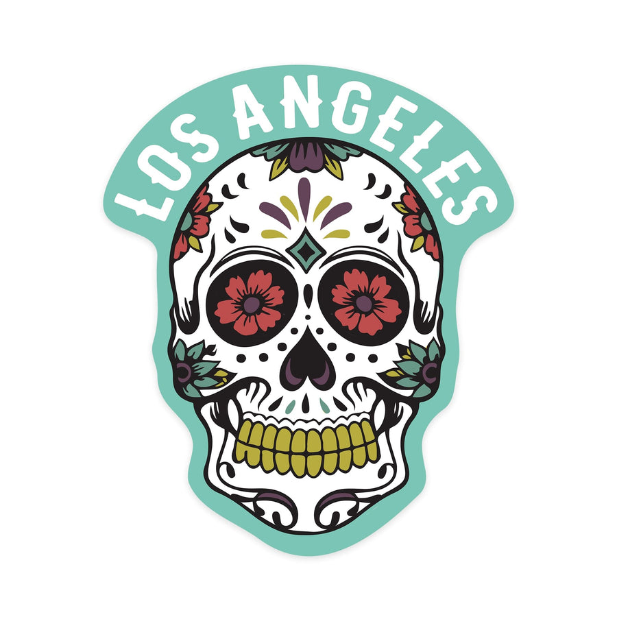 Los Angeles, California, Day of the Dead, Sugar Skull and Pattern (White), Contour, Vinyl Sticker Sticker Lantern Press 