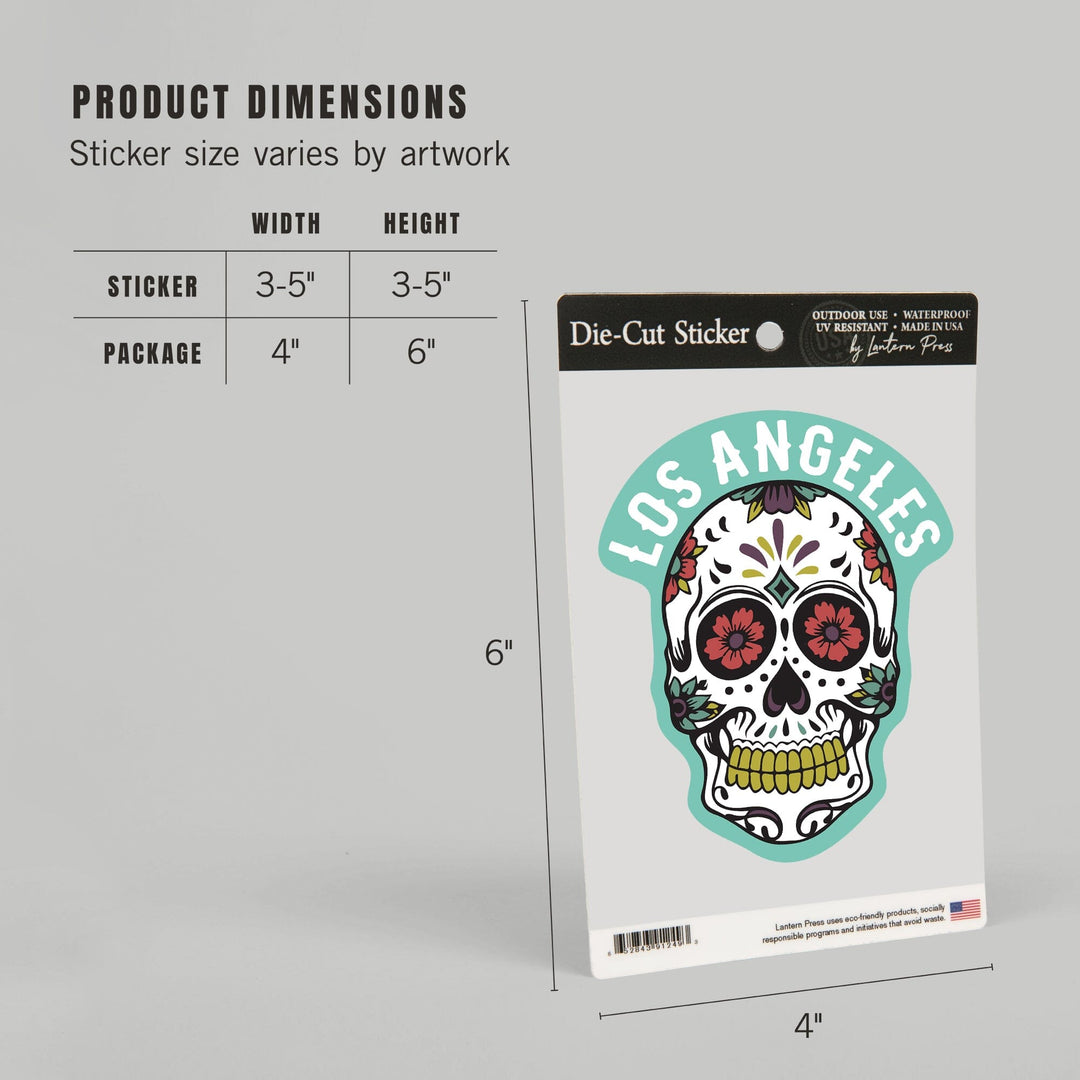 Los Angeles, California, Day of the Dead, Sugar Skull and Pattern (White), Contour, Vinyl Sticker Sticker Lantern Press 