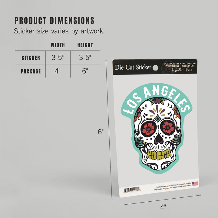 Los Angeles, California, Day of the Dead, Sugar Skull and Pattern (White), Contour, Vinyl Sticker Sticker Lantern Press 