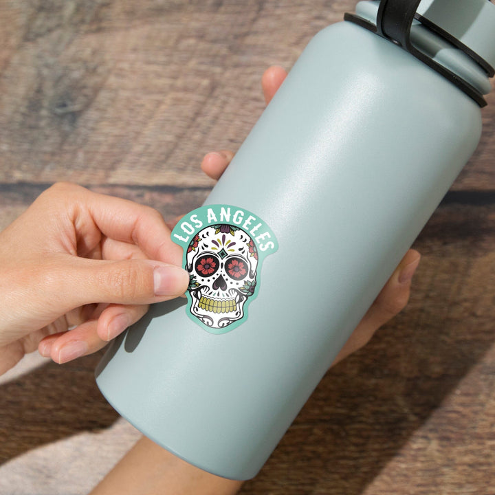 Los Angeles, California, Day of the Dead, Sugar Skull and Pattern (White), Contour, Vinyl Sticker Sticker Lantern Press 