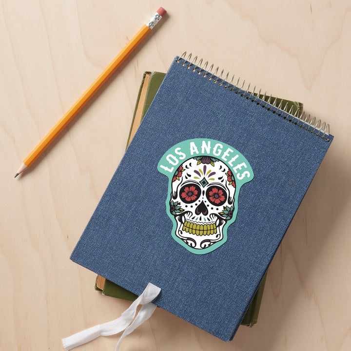 Los Angeles, California, Day of the Dead, Sugar Skull and Pattern (White), Contour, Vinyl Sticker Sticker Lantern Press 