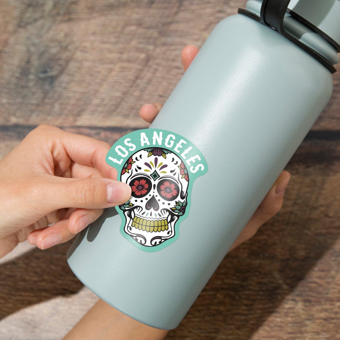 Los Angeles, California, Day of the Dead, Sugar Skull and Pattern (White), Contour, Vinyl Sticker Sticker Lantern Press 