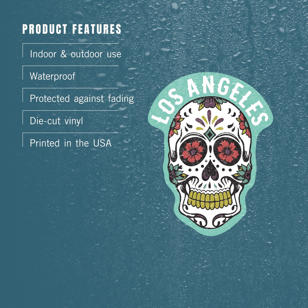 Los Angeles, California, Day of the Dead, Sugar Skull and Pattern (White), Contour, Vinyl Sticker Sticker Lantern Press 