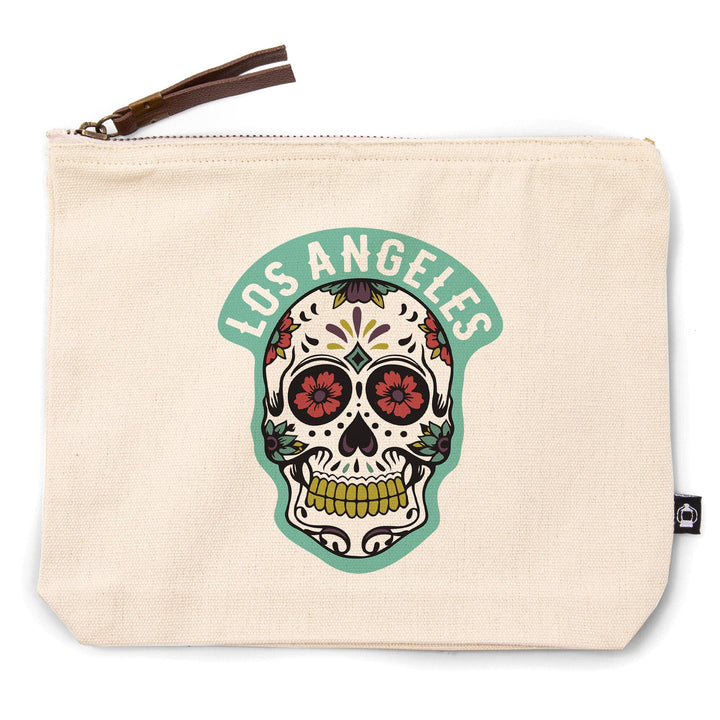 Los Angeles, California, Day of the Dead, Sugar Skull and Pattern (White),, Organic Cotton Zipper Pouch, Go Bag Go Bag Lantern Press 