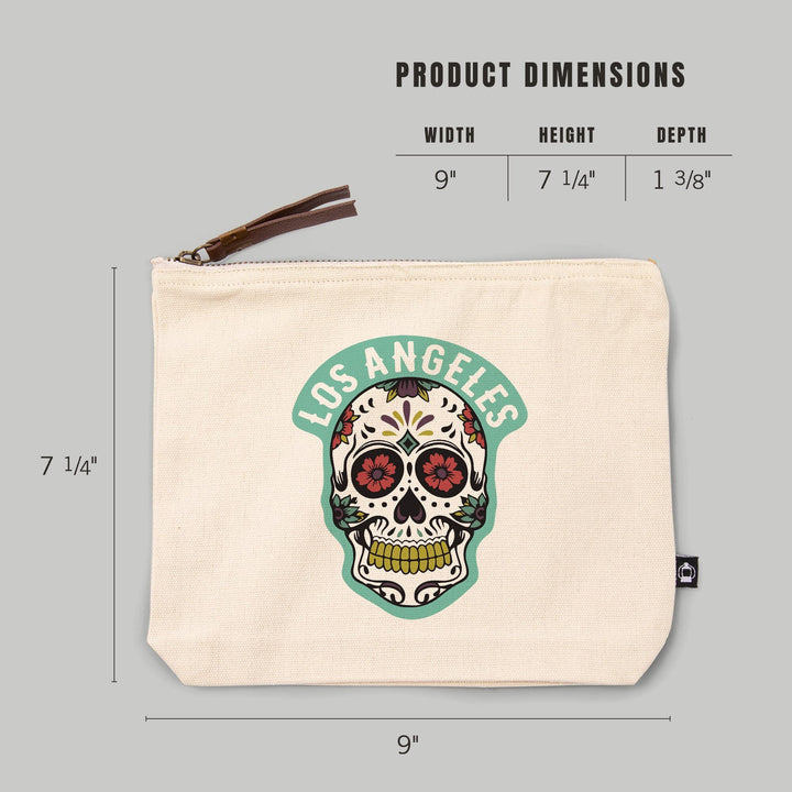 Los Angeles, California, Day of the Dead, Sugar Skull and Pattern (White),, Organic Cotton Zipper Pouch, Go Bag Go Bag Lantern Press 