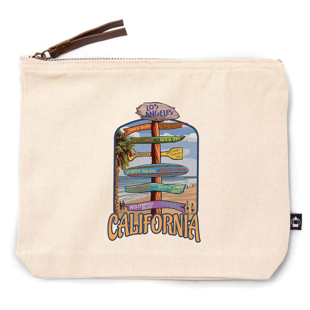 Los Angeles, California, Destination Sign,, Organic Cotton Zipper Pouch, Go Bag Go Bag Lantern Press 