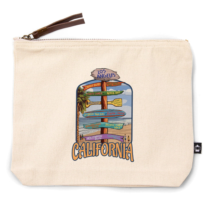Los Angeles, California, Destination Sign,, Organic Cotton Zipper Pouch, Go Bag Go Bag Lantern Press 
