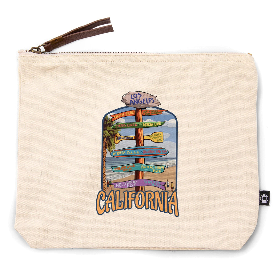 Los Angeles, California, Destination Sign,, Organic Cotton Zipper Pouch, Go Bag Go Bag Lantern Press 