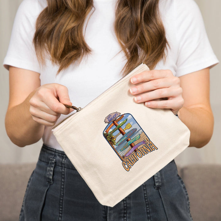 Los Angeles, California, Destination Sign,, Organic Cotton Zipper Pouch, Go Bag Go Bag Lantern Press 