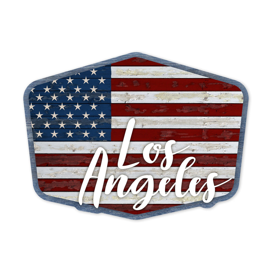 Los Angeles, California, Distressed American Flag, Contour, Vinyl Sticker Sticker Lantern Press 