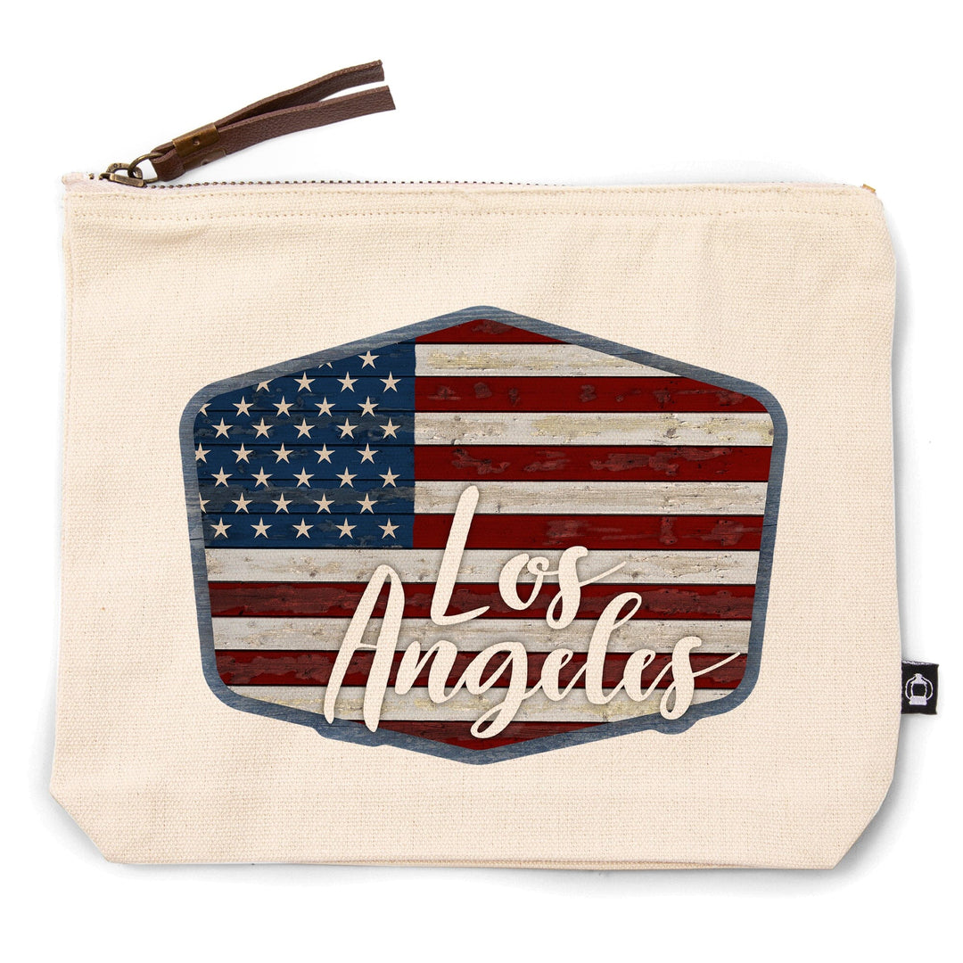 Los Angeles, California, Distressed American Flag,, Organic Cotton Zipper Pouch, Go Bag Go Bag Lantern Press 