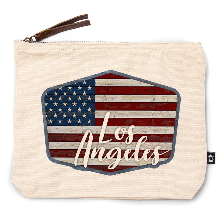 Los Angeles, California, Distressed American Flag,, Organic Cotton Zipper Pouch, Go Bag Go Bag Lantern Press 