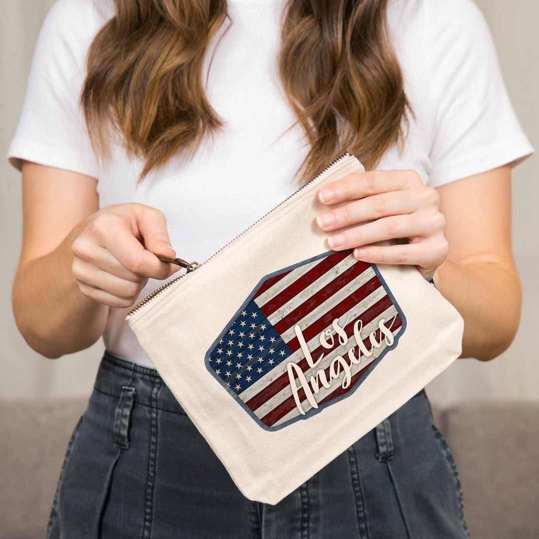 Los Angeles, California, Distressed American Flag,, Organic Cotton Zipper Pouch, Go Bag Go Bag Lantern Press 