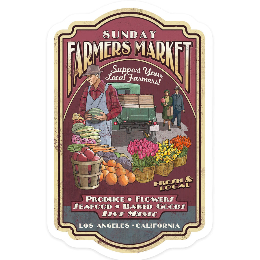 Los Angeles, California, Farmers Market Vintage Sign, Contour, Vinyl Sticker - Lantern Press