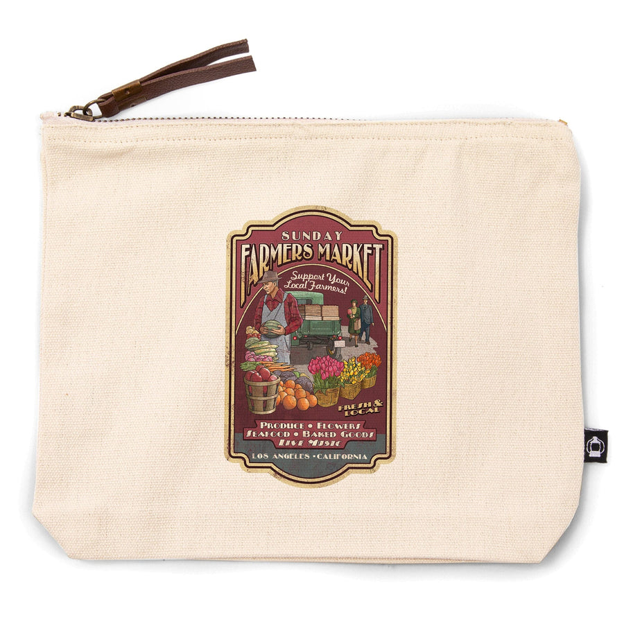 Los Angeles, California, Farmers Market Vintage Sign-, Organic Cotton Zipper Pouch, Go Bag Go Bag Lantern Press 