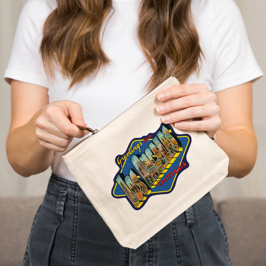 Los Angeles, California, Greetings, Big Letter Scene, , Vintage Postcard, Organic Cotton Zipper Pouch, Go Bag Go Bag Lantern Press 