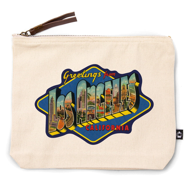 Los Angeles, California, Greetings, Big Letter Scene, , Vintage Postcard, Organic Cotton Zipper Pouch, Go Bag Go Bag Lantern Press 