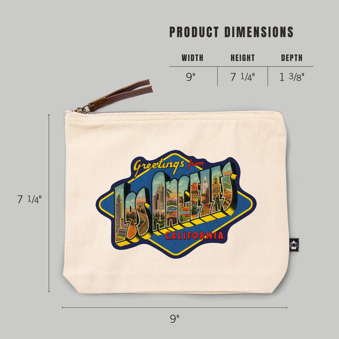 Los Angeles, California, Greetings, Big Letter Scene, , Vintage Postcard, Organic Cotton Zipper Pouch, Go Bag Go Bag Lantern Press 